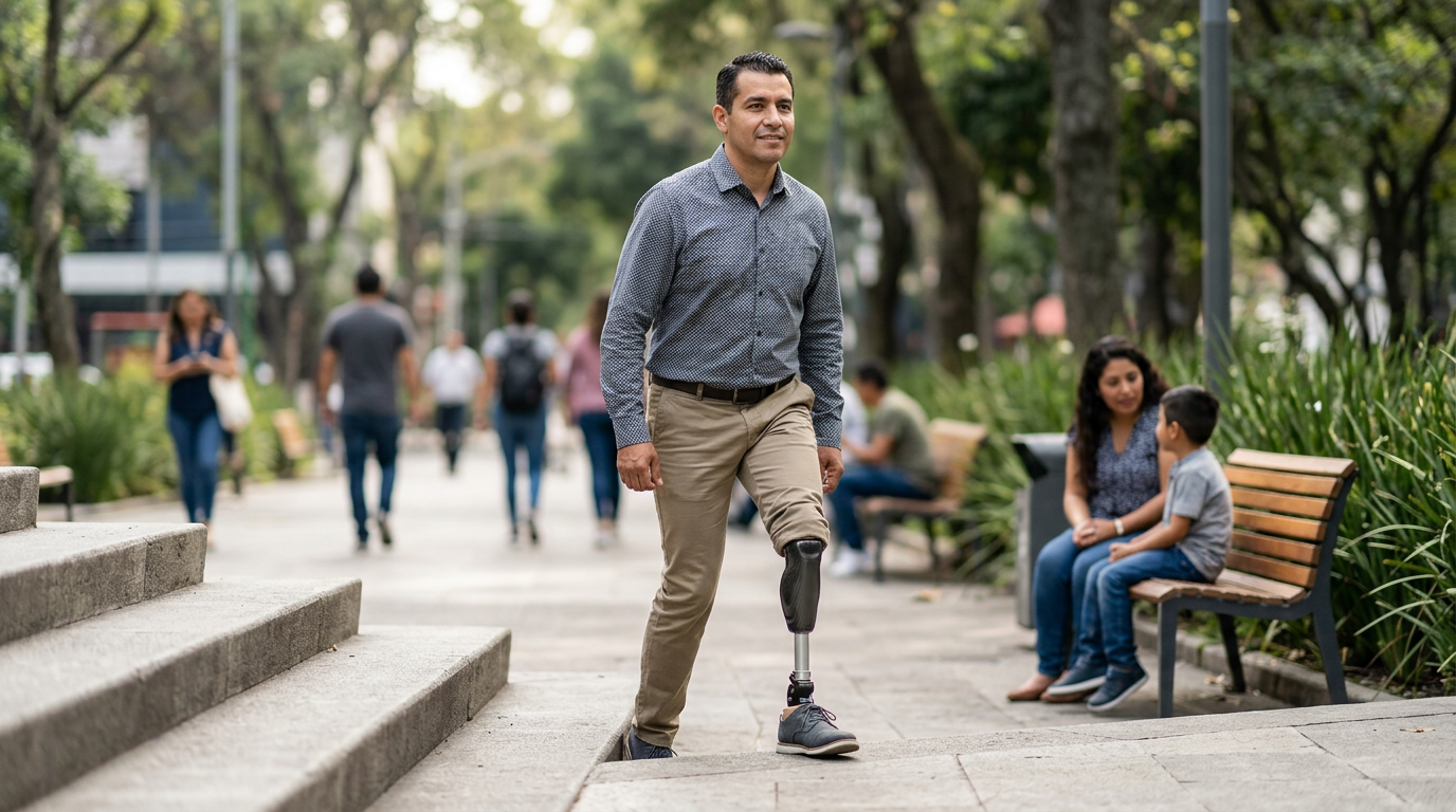 Persona latina con prótesis de pierna practicando su movilidad diaria con confianza.