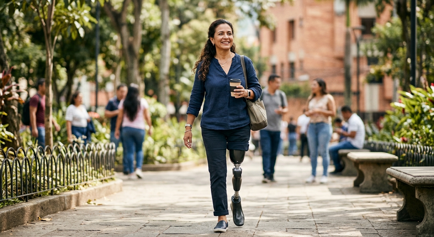 Persona latina con prótesis de pierna practicando su movilidad diaria con confianza.