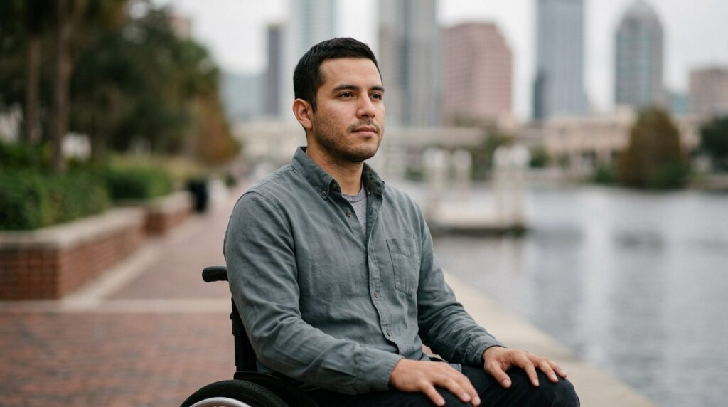 a person who uses a wheelchair looking forward with quiet resolve, catastrophic spinal injury, featuring Hispanic and Latino people