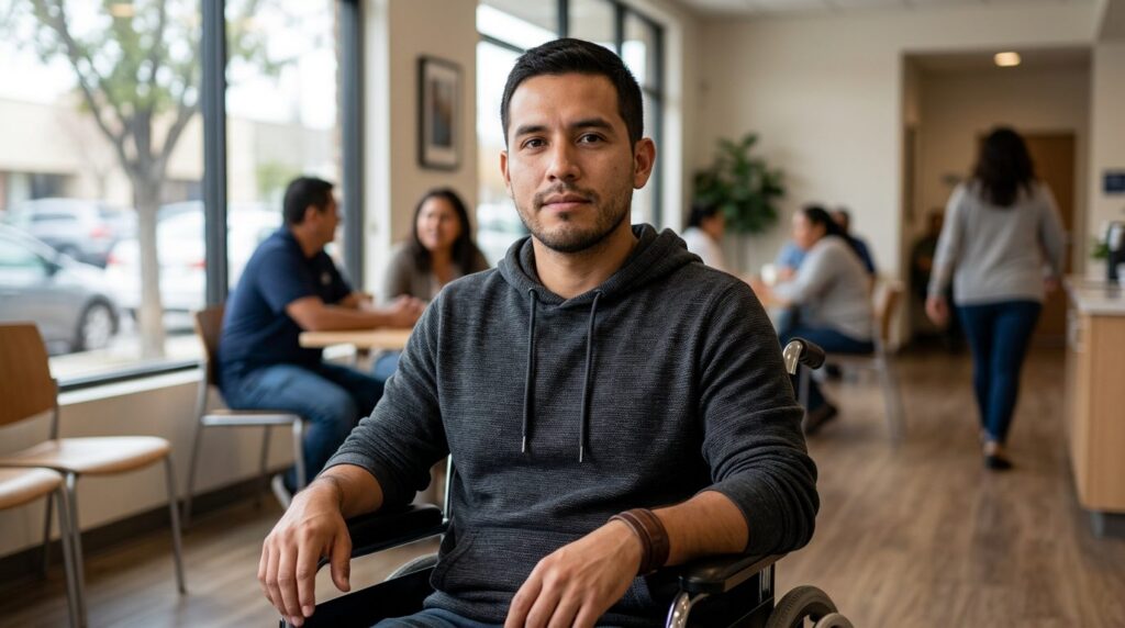 a person who uses a wheelchair looking forward with quiet resolve, catastrophic spinal injury, featuring Hispanic and Latino people