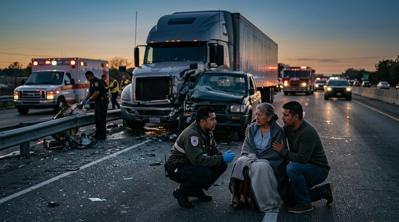 Persona lesionada recibiendo atención médica después de accidente en carretera.