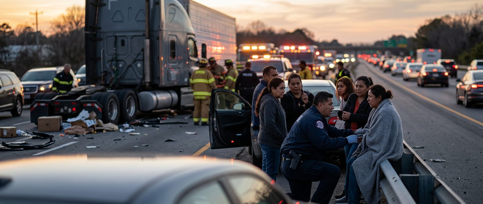 Persona lesionada recibiendo atención médica después de accidente en carretera.