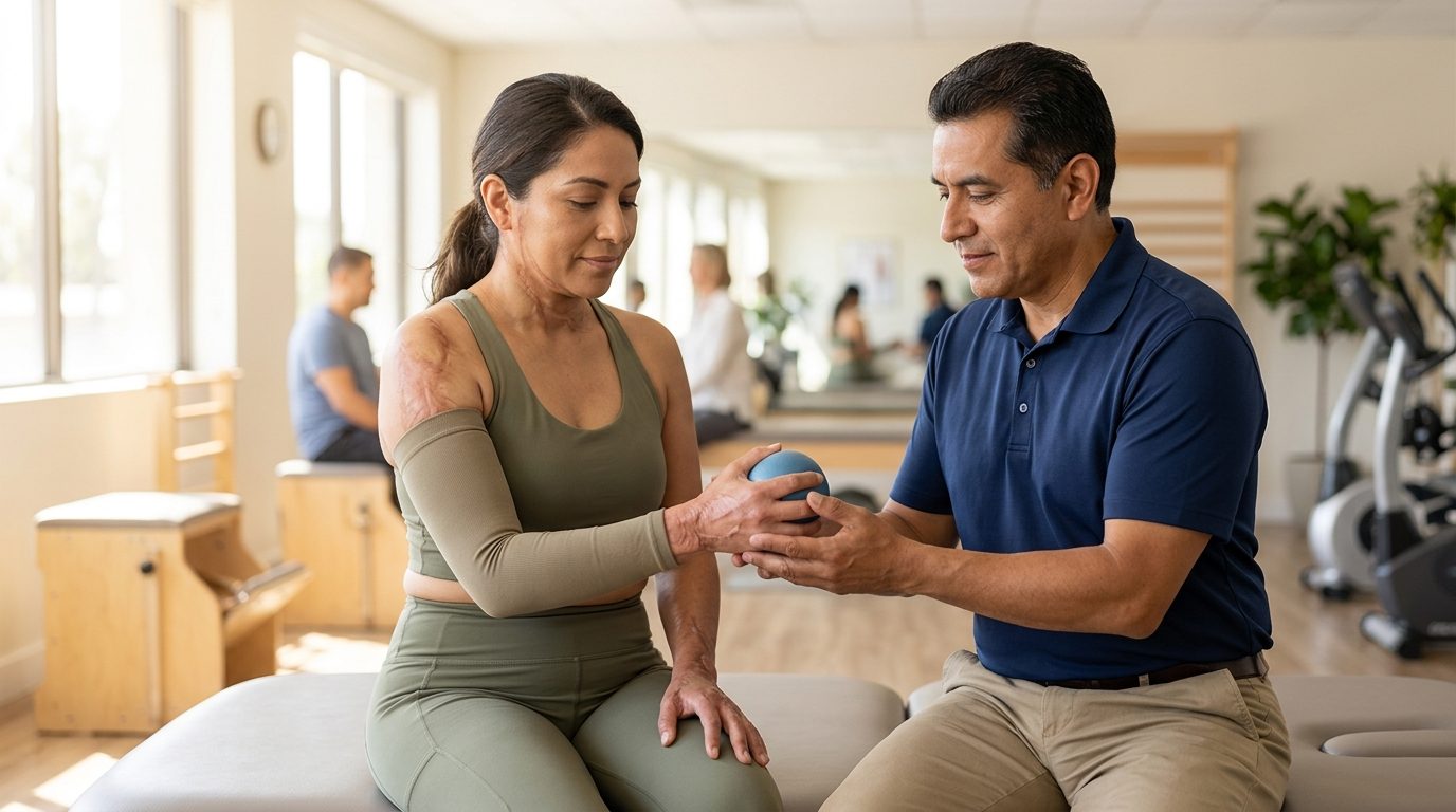 Persona sobreviviente de quemadura en sesión de rehabilitación con profesional de salud.