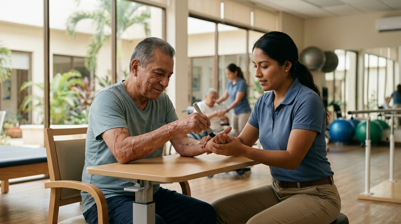 Persona sobreviviente de quemadura grave en sesión de rehabilitación con profesional de salud.