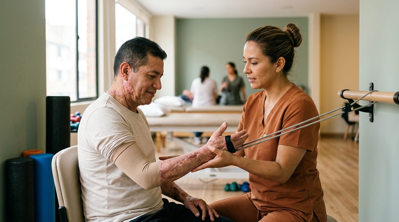 Persona sobreviviente de quemaduras en sesión de rehabilitación con personal médico.
