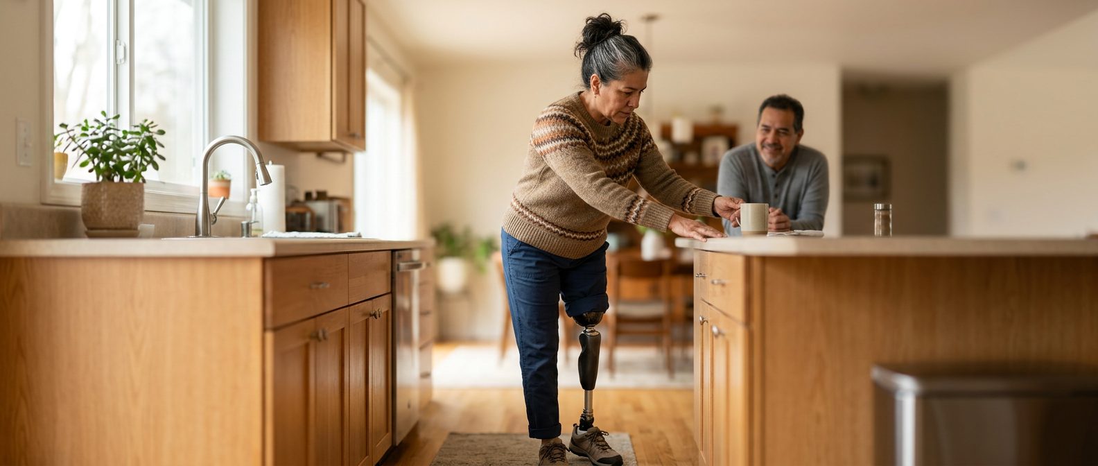 Persona usando prótesis para recuperar independencia después de una amputación.
