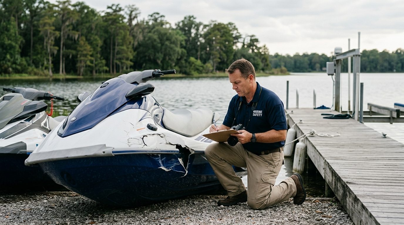 Personal watercraft and investigator documenting damage at lakeside dock.