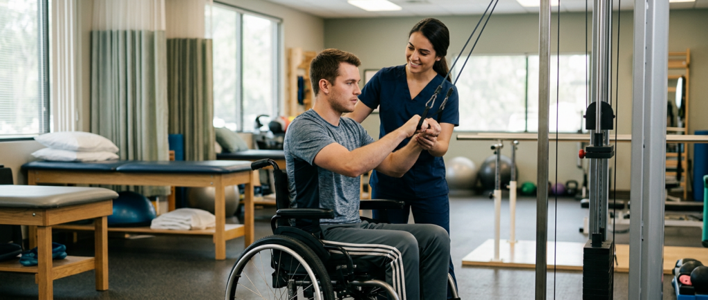 Physical therapist assisting a young adult in a wheelchair during spinal-cord-injury rehabilitation.
