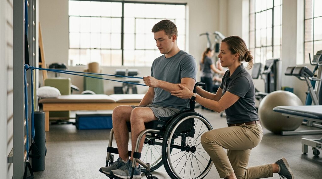 Physical therapist assisting a young adult in a wheelchair during rehabilitation in a spinal-cord-injury gym.