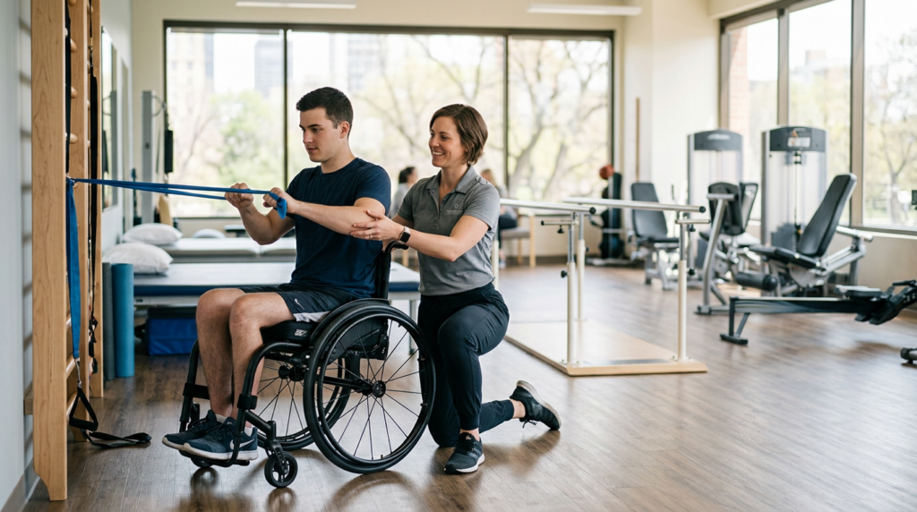 Physical therapist assisting a young adult in a wheelchair during a spinal-cord-injury rehabilitation session.