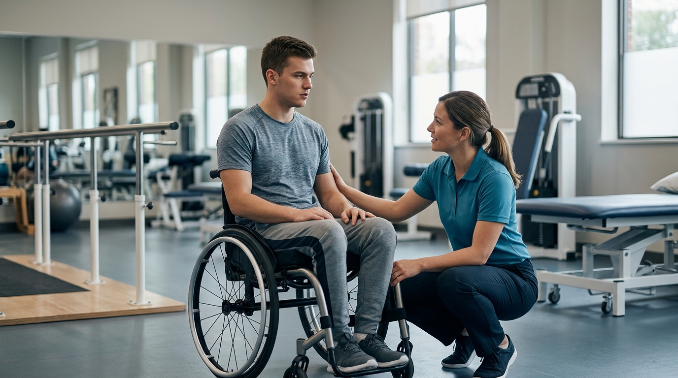 Physical therapist assisting a young adult in a wheelchair during spinal-cord-injury rehabilitation.