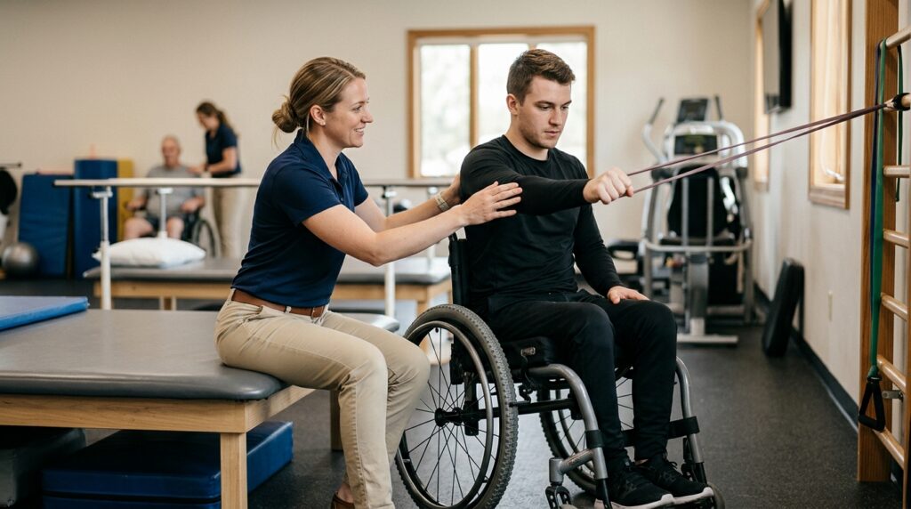 Physical therapist assisting a young adult in a wheelchair during spinal-cord-injury rehabilitation.