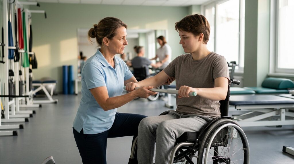 Physical therapist assisting a young adult in a wheelchair during spinal-cord-injury rehabilitation in a gym.