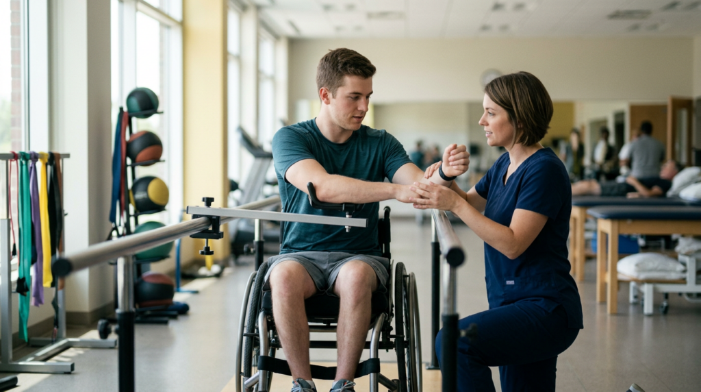Physical therapist assisting a young adult in a wheelchair during spinal-cord-injury rehabilitation in a gym.