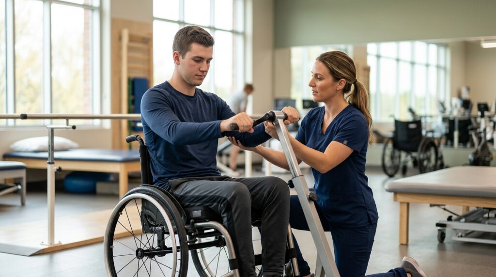 Physical therapist assisting a young adult in a wheelchair during rehabilitation gym session.