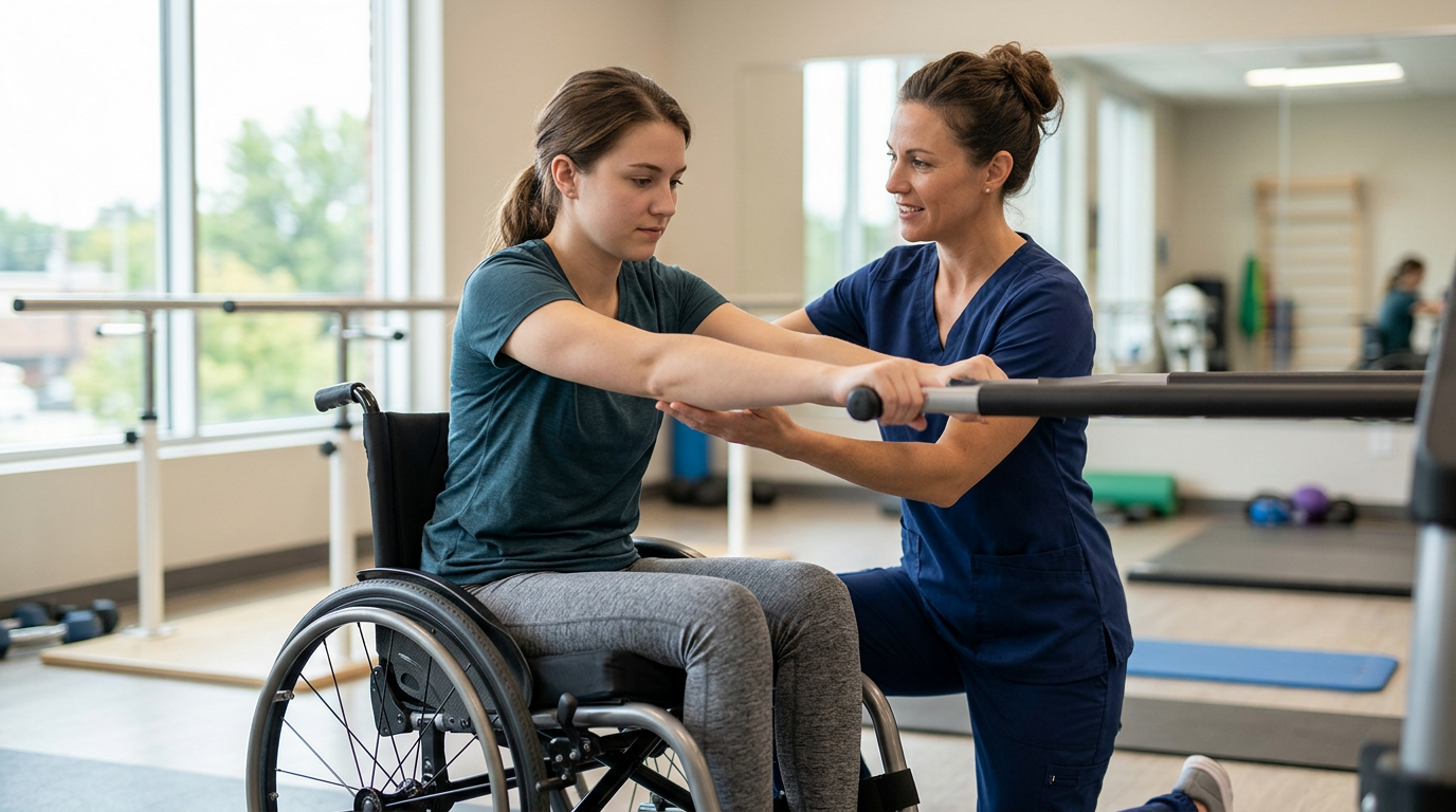 Physical therapist assisting a young adult in a wheelchair during rehabilitation in a spinal-cord-injury gym.