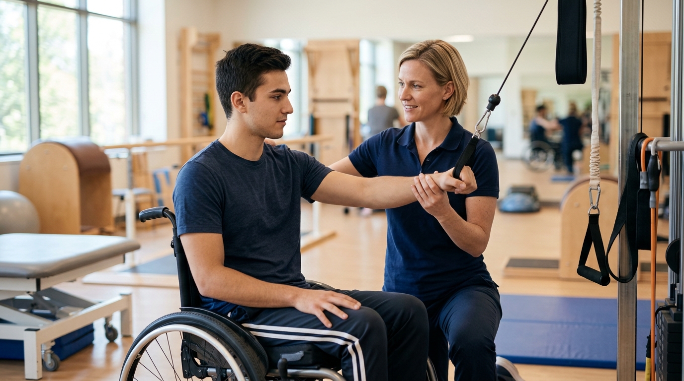 Physical therapist assisting a young adult in a wheelchair during spinal-cord-injury rehabilitation in a gym.