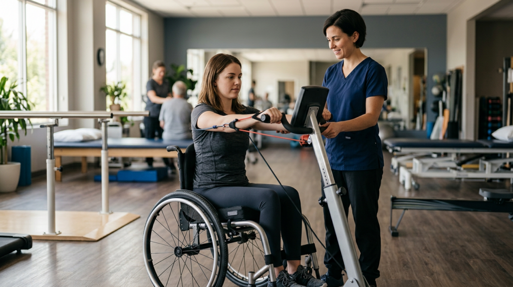 Physical therapist assisting a young adult in a wheelchair during spinal-cord-injury rehabilitation in a gym.