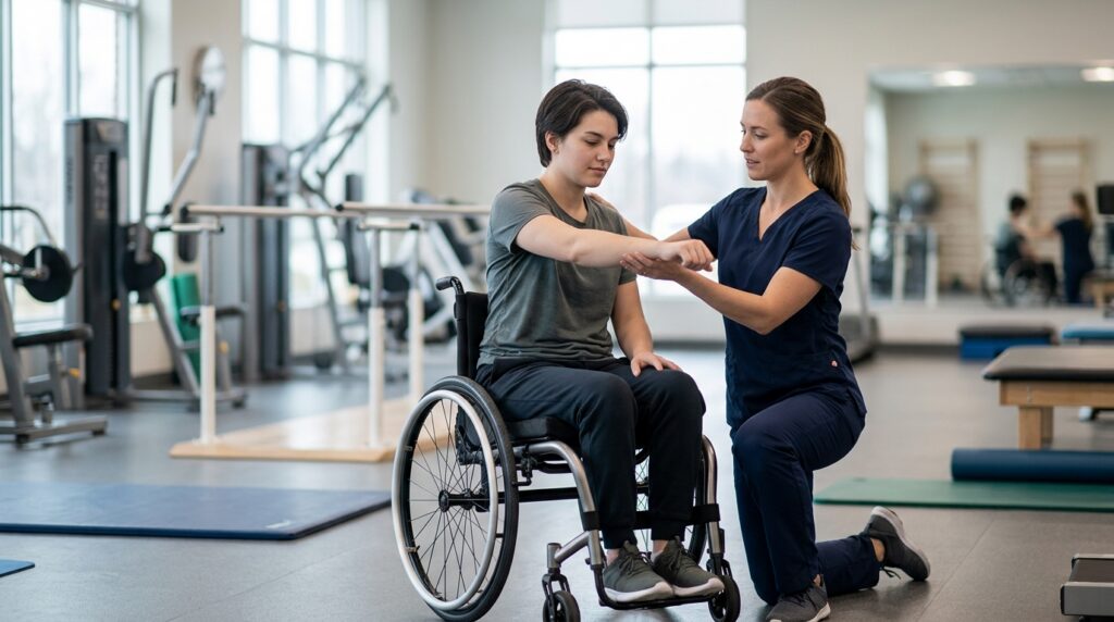 Physical therapist assisting a young adult in a wheelchair during rehabilitation in a spinal-cord-injury gym.