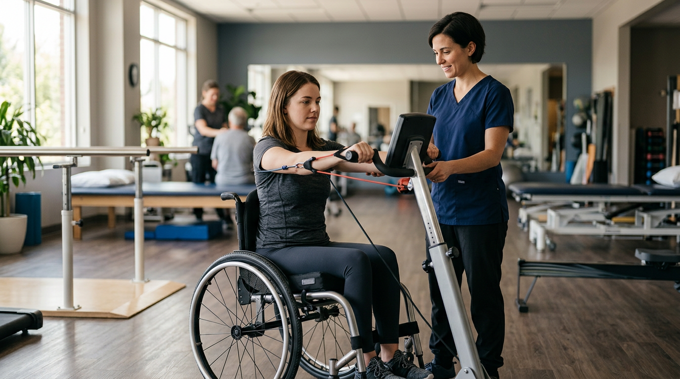 Physical therapist assisting a young adult in a wheelchair during spinal-cord-injury rehabilitation in a gym.