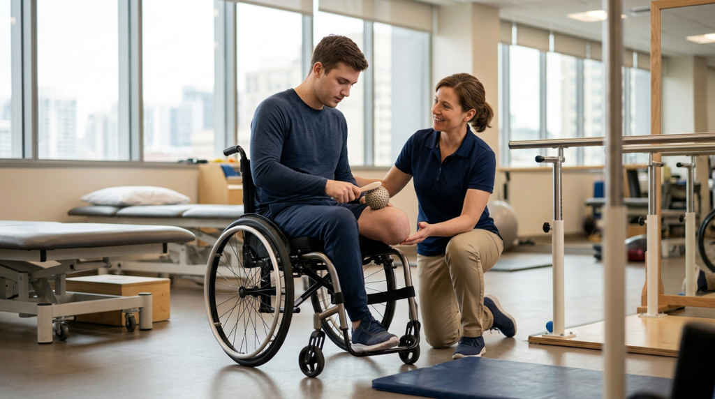 Physical therapist assisting a young adult in a wheelchair during rehabilitation in a therapy gym.