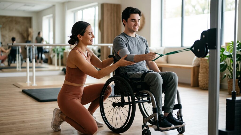 Physical therapist assisting a young adult in a wheelchair during spinal-cord-injury rehabilitation in a gym.