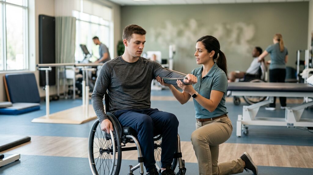 Physical therapist assisting a young adult in a wheelchair during spinal-cord-injury rehabilitation.