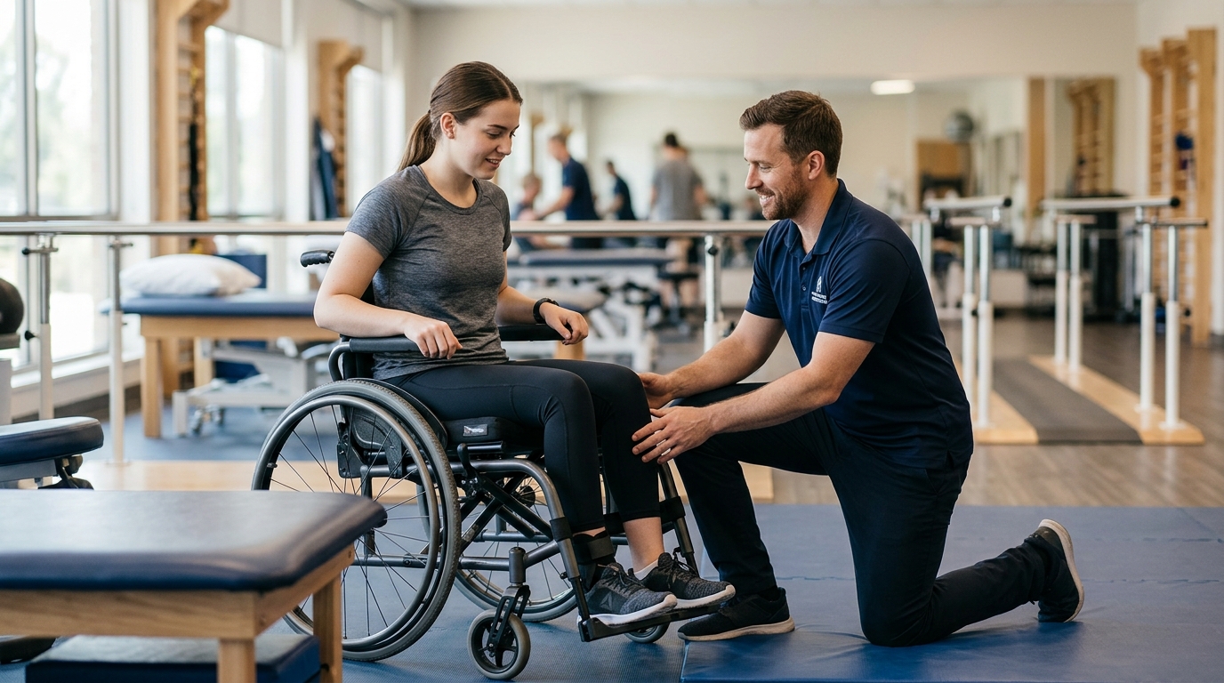 Physical therapist assisting a young adult in a wheelchair during spinal-cord-injury rehabilitation.