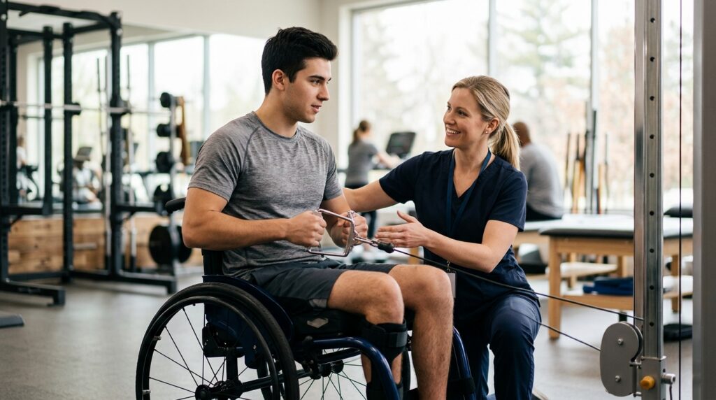 Physical therapist assisting a young adult in a wheelchair during rehabilitation in a spinal-cord-injury gym.
