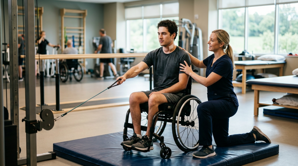 Physical therapist assisting a young adult in a wheelchair during rehabilitation in a spinal-cord-injury gym.
