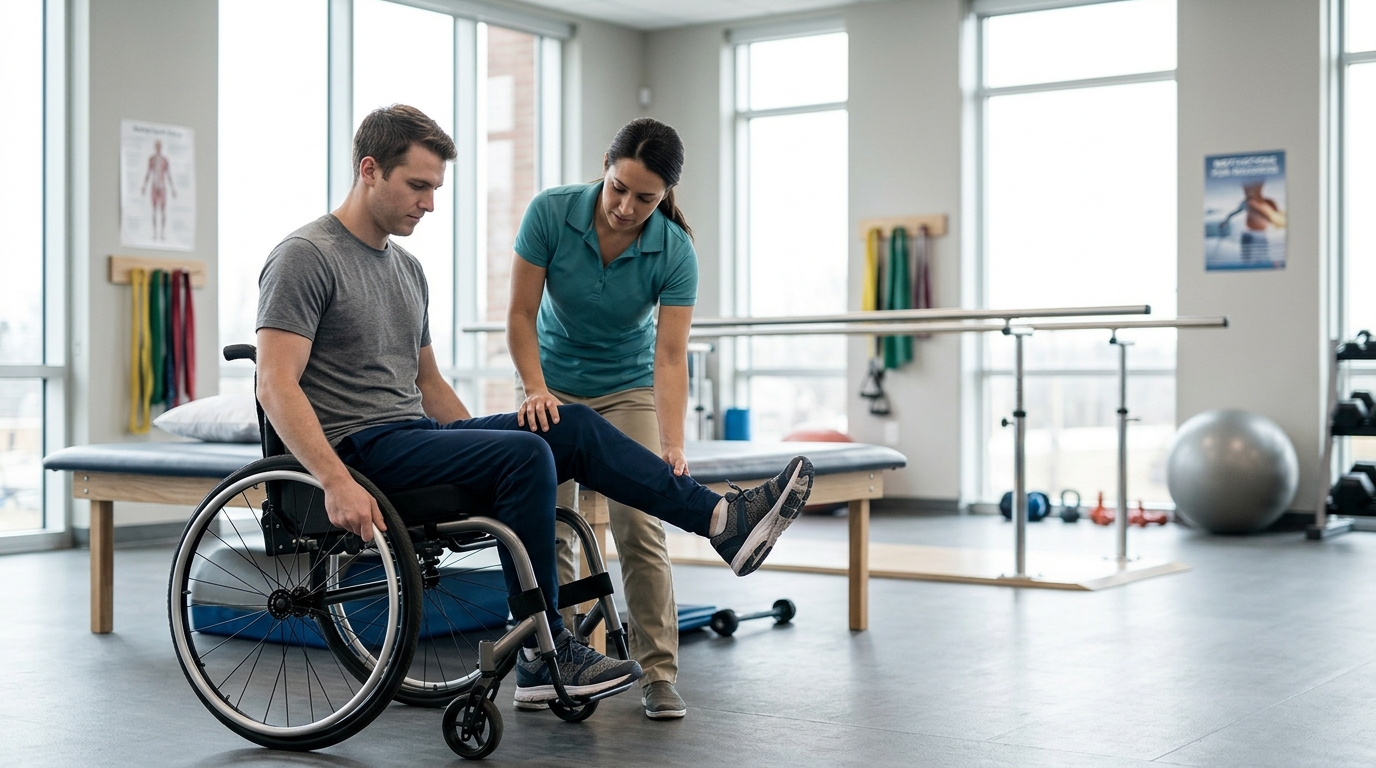 Physical therapist assisting a young adult in a wheelchair during spinal-cord-injury rehabilitation.