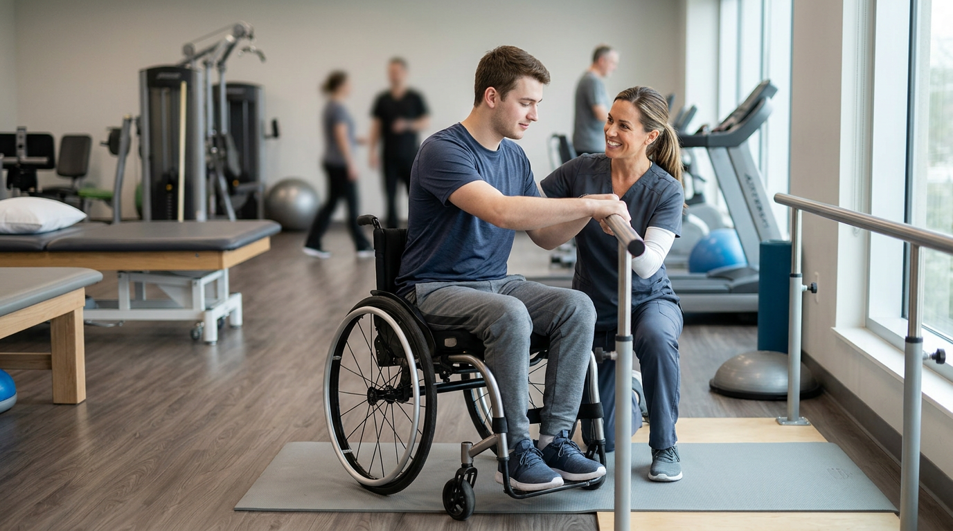 Physical therapist assisting a young adult in a wheelchair during rehabilitation in a spinal-cord-injury gym.