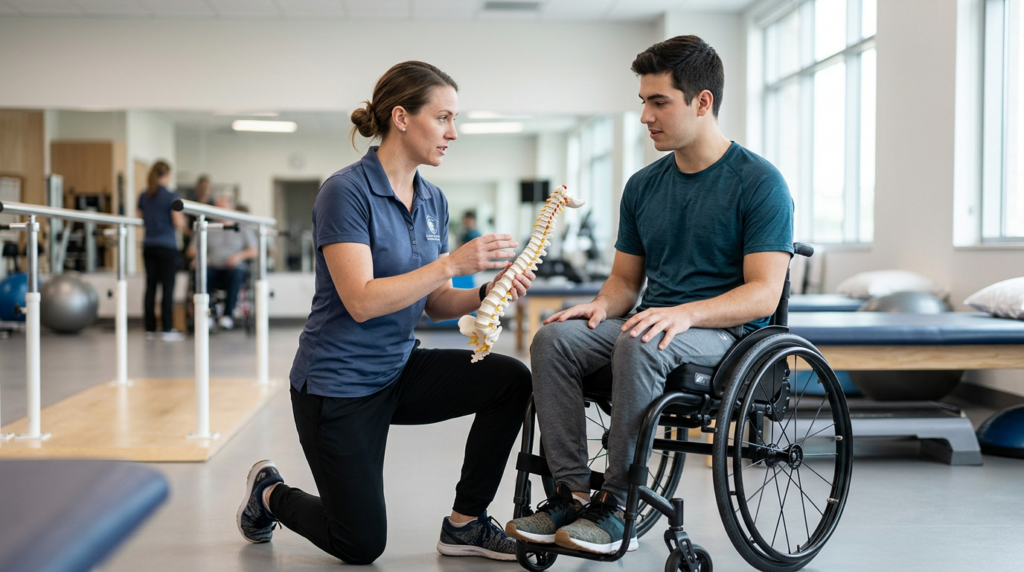 Physical therapist assisting a young adult in a wheelchair in a spinal-cord-injury rehabilitation gym.