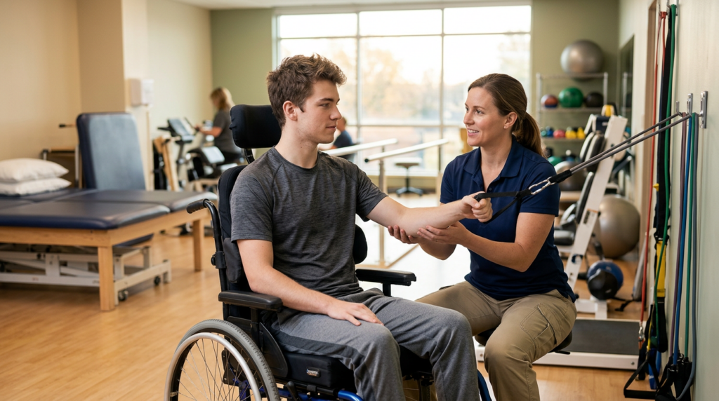 Physical therapist assisting a young adult using a wheelchair in a spinal-cord-injury rehabilitation gym.