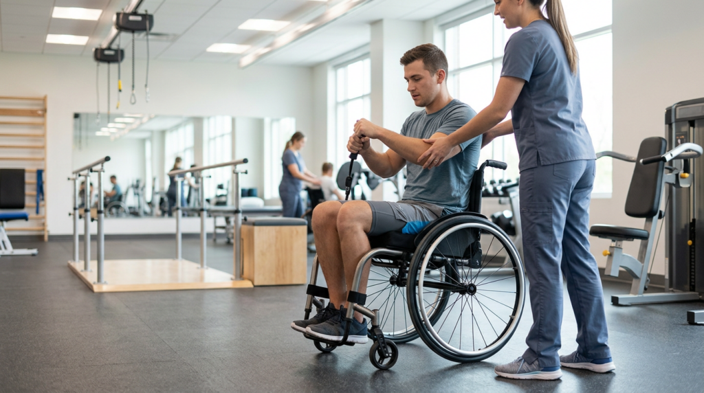 Physical therapist assisting a young adult using a wheelchair in a rehabilitation gym.