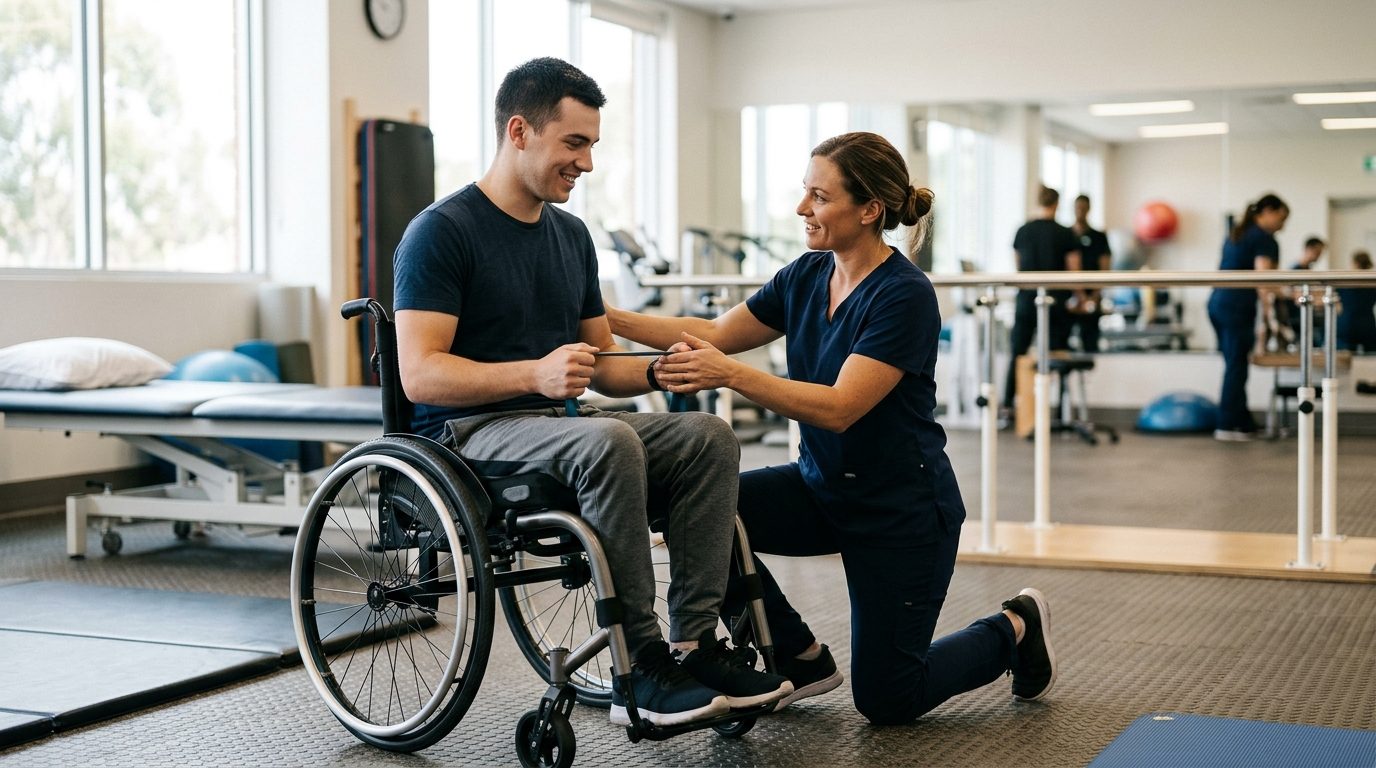 Physical therapist assisting young adult in wheelchair during spinal cord injury rehabilitation.