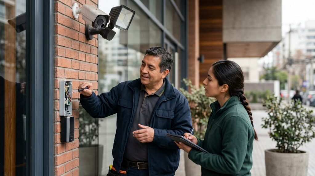 Profesional de seguridad inspecciona cerraduras, iluminación y cámaras de vigilancia.