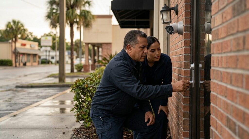 a property security professional inspecting failed locks, lighting, and surveillance cameras, featuring Hispanic and Latino people