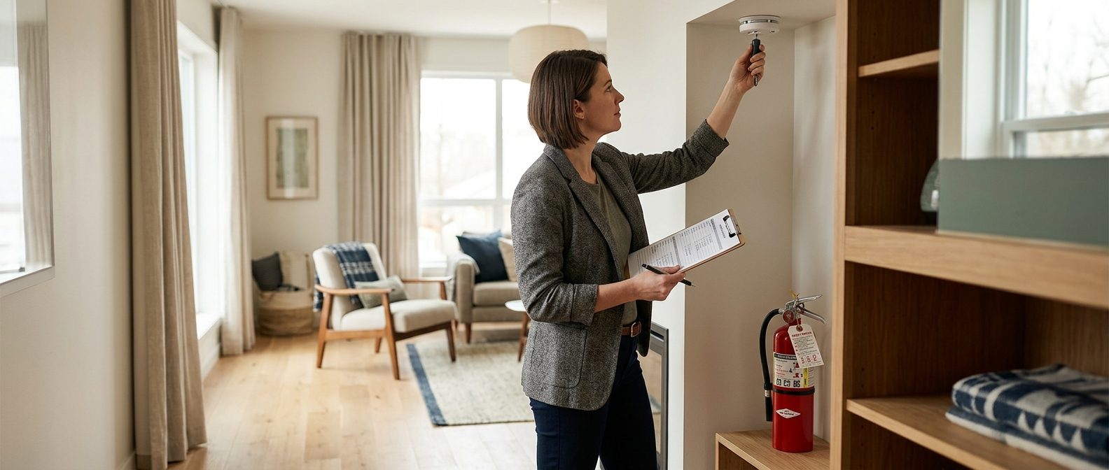 Property manager checking smoke detector and fire extinguisher during safety inspection.