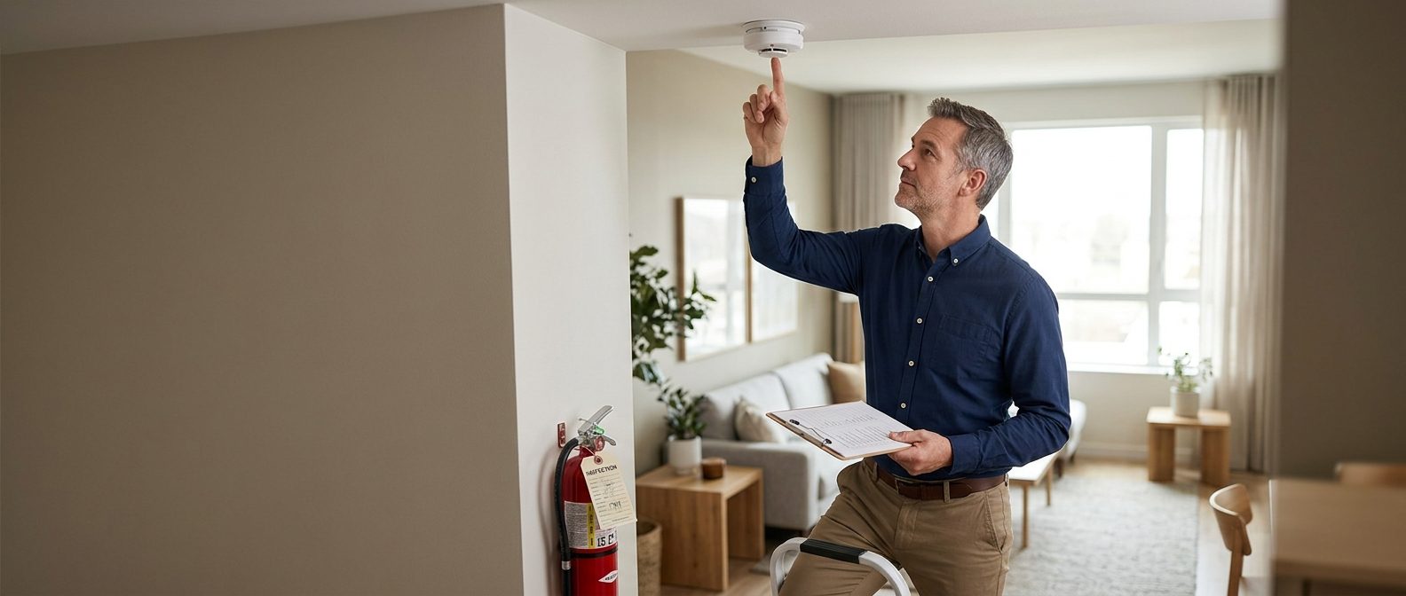 Property manager checking smoke detector and fire extinguisher in rental unit.