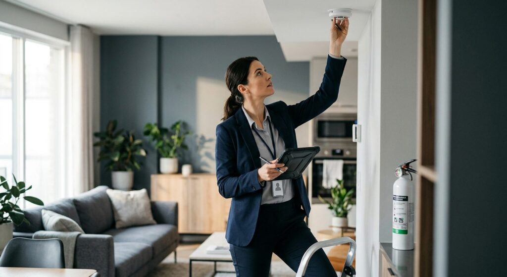 Property manager checking smoke detector and fire extinguisher during rental safety inspection.