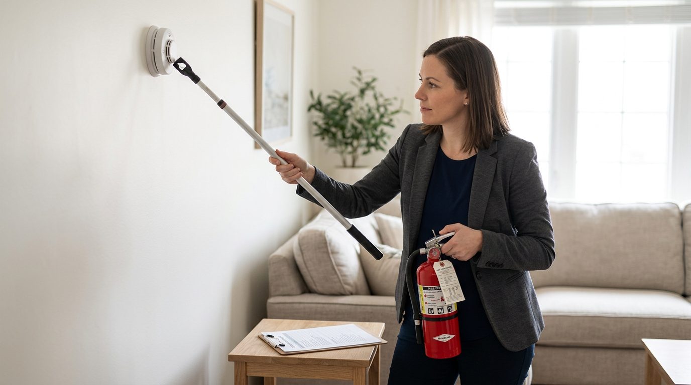 Property manager checking smoke detectors and fire extinguishers during safety compliance inspection.