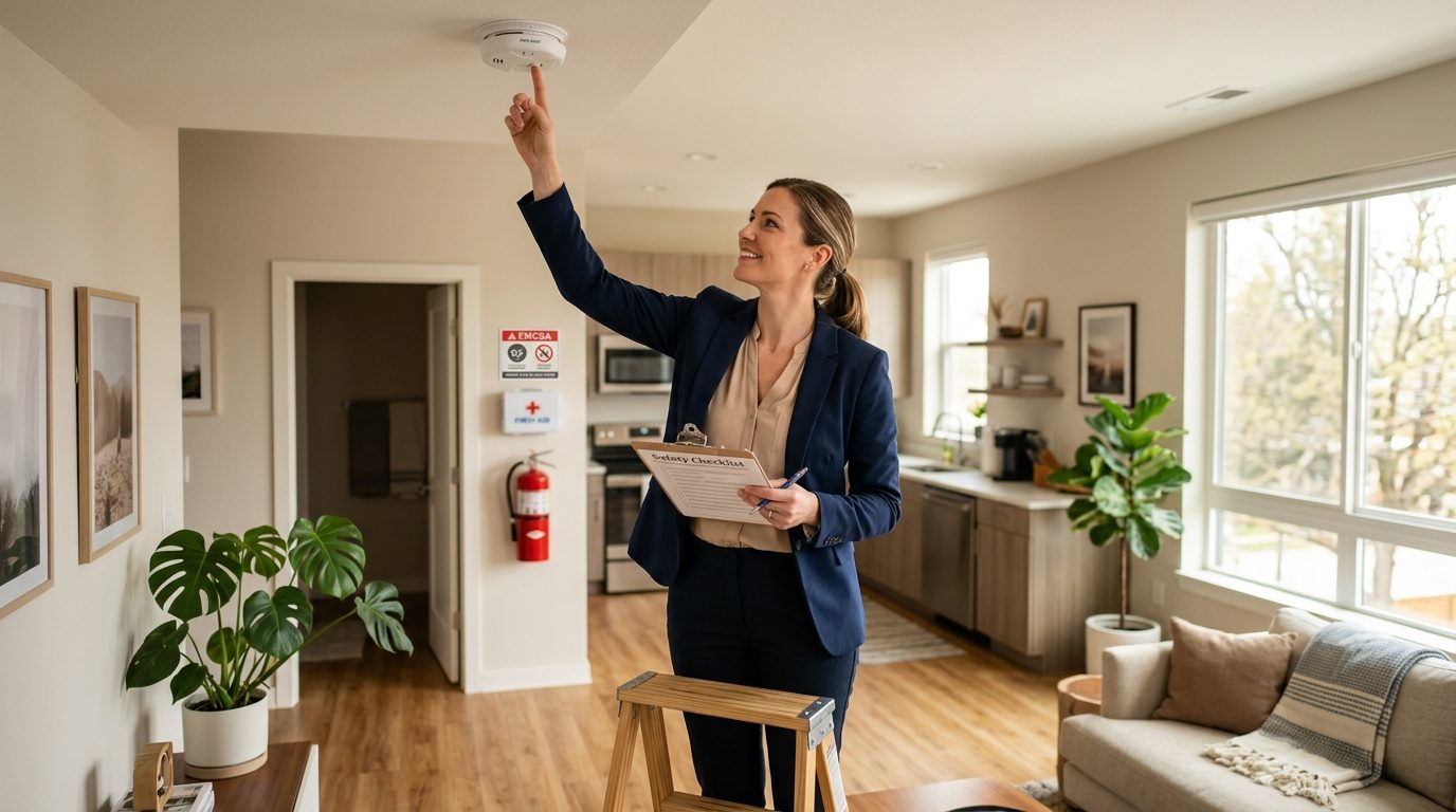 Property manager checking smoke detectors and fire extinguishers during safety inspection.