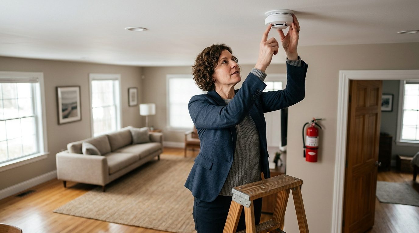 Property manager inspecting rental unit, checking smoke detector and fire extinguisher for safety compliance.