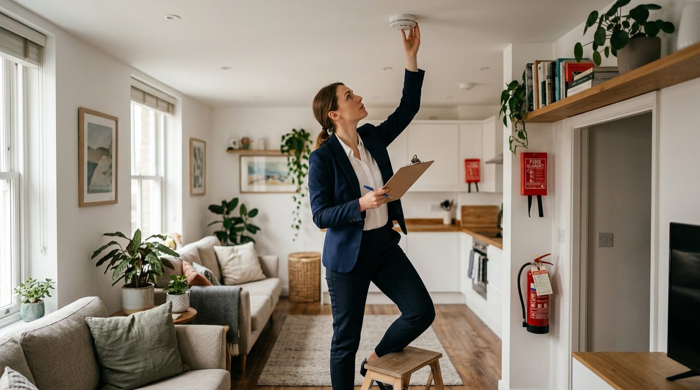 Property manager inspecting rental unit, checking smoke detector and fire extinguisher.