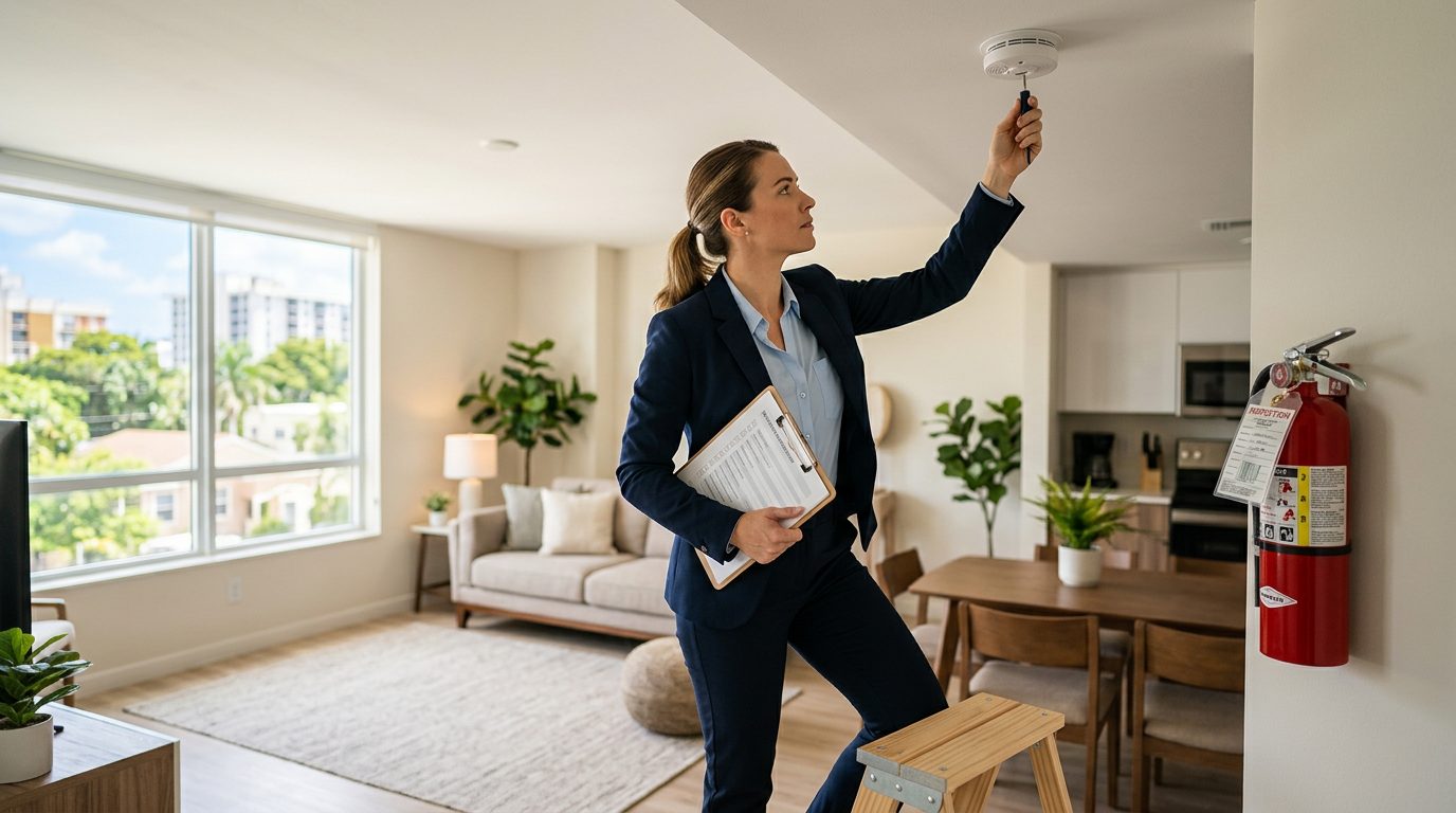 Property manager inspecting rental unit, checking smoke detector and fire extinguisher.