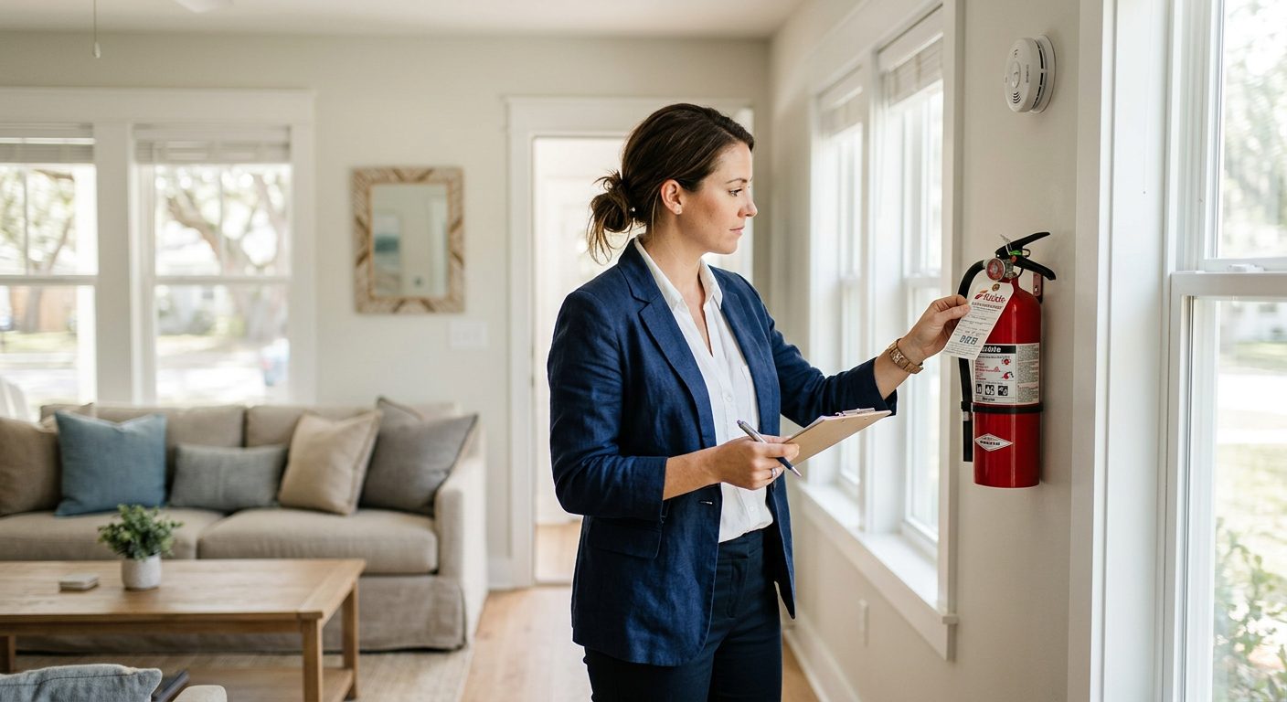 Property manager inspecting rental unit smoke detectors and fire extinguishers for safety compliance.