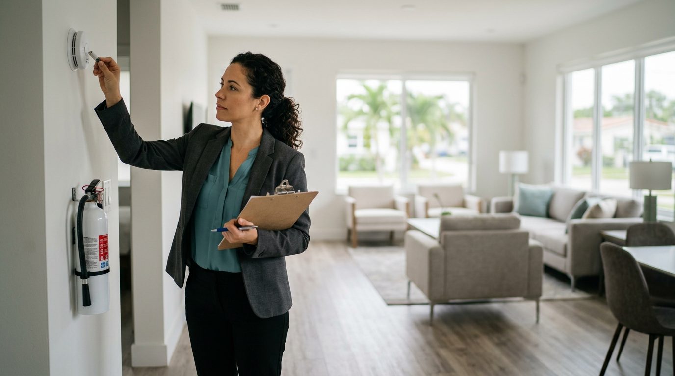 Property manager inspecting short-term rental unit, checking smoke detectors and fire extinguishers.