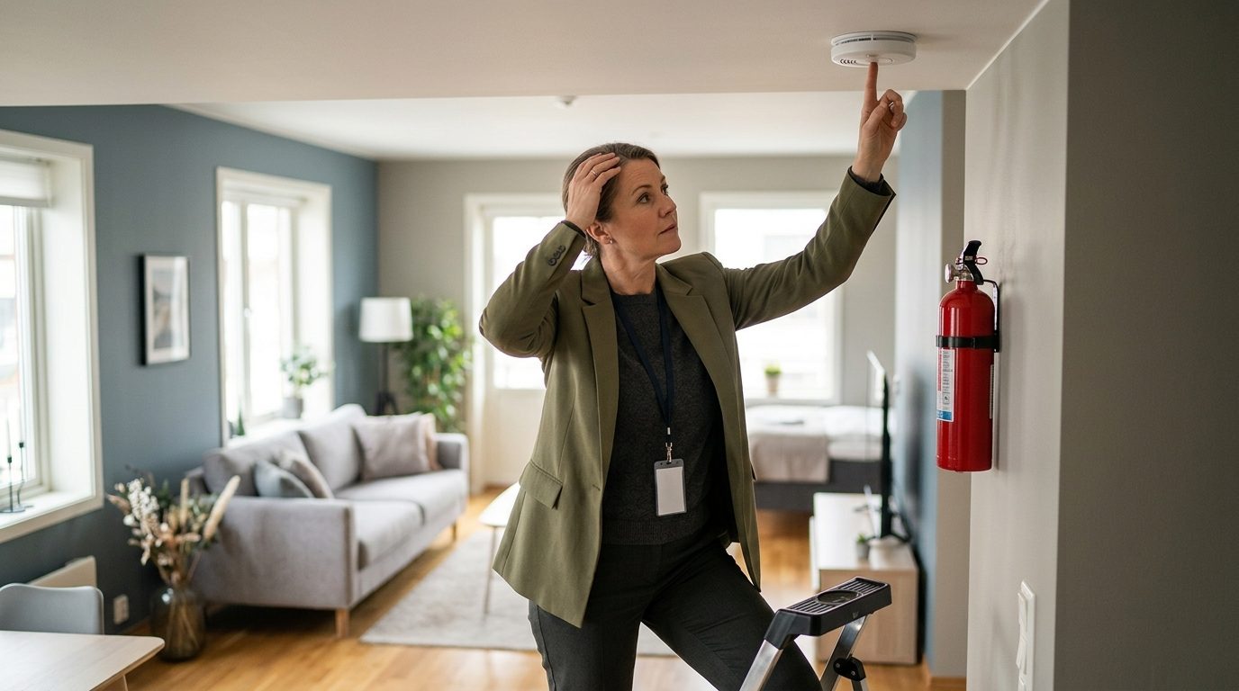 Property manager inspecting smoke detector during safety compliance check.