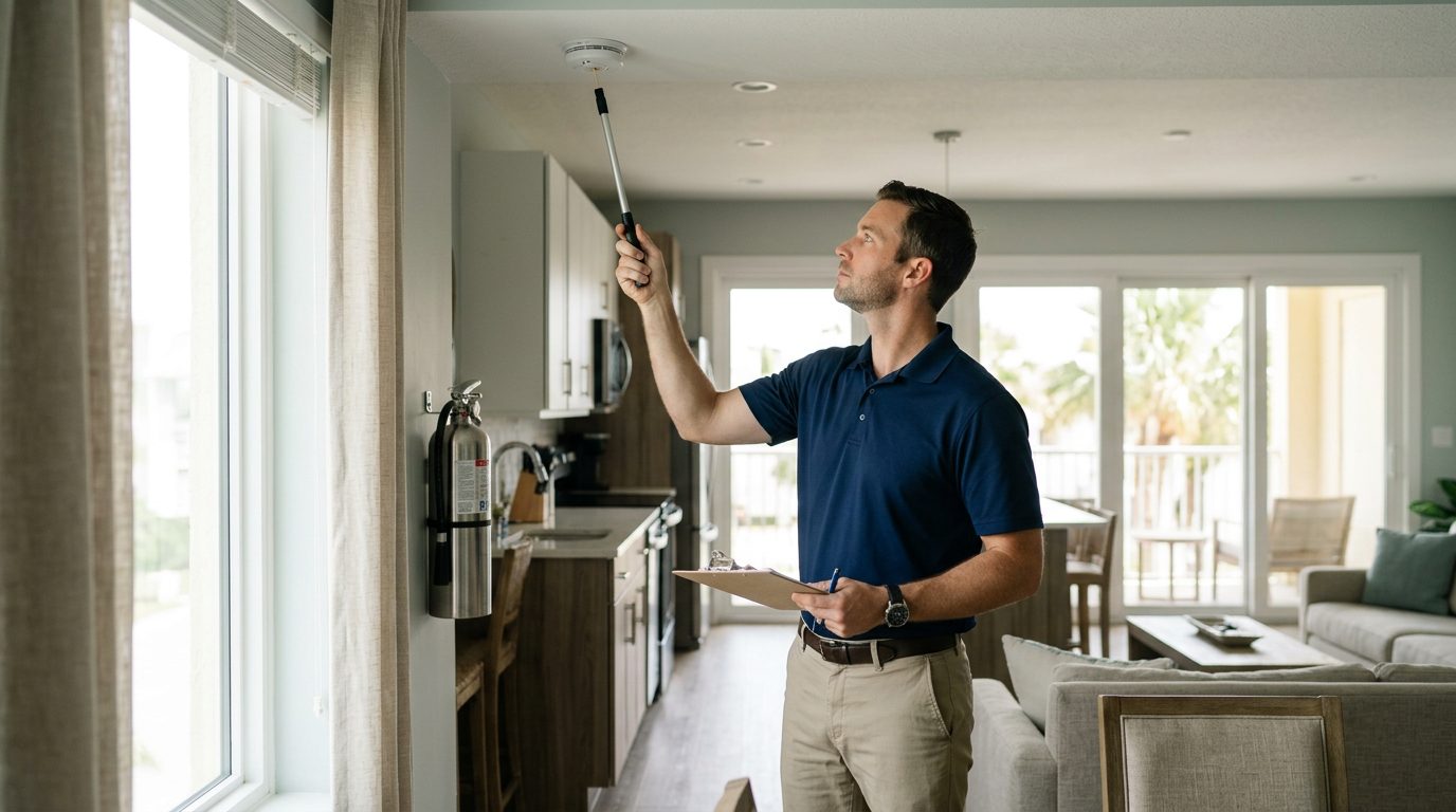 Property manager inspecting vacation rental unit, checking smoke detectors and fire extinguishers.